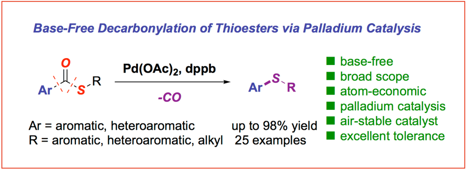 Base free palladium-catalyzed decarbonylation of thioesters