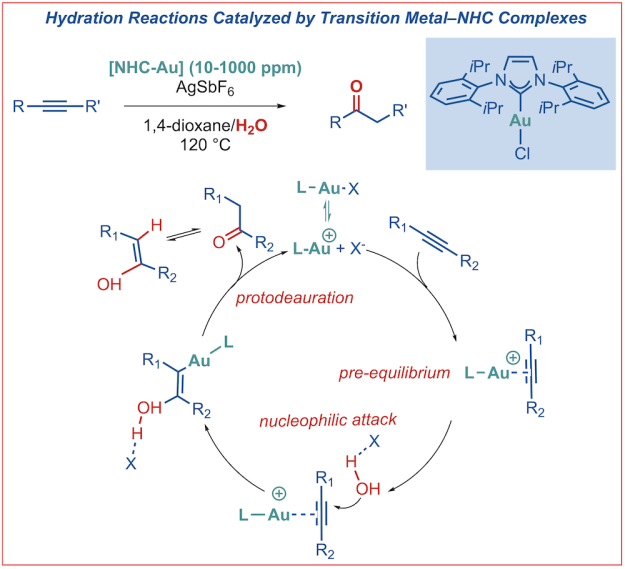 257-Hydration reactions catalyzed by N-heterocyclic carbene metal complexes